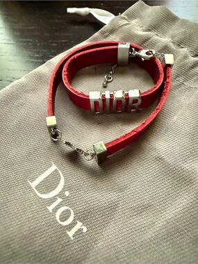 Dior Heart Calfskin Leather Double Wrap Bracelet Red & Gold